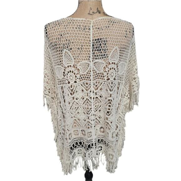 Vintage Cream Crochet Lace‎ Mesh Fringed Coverup OSFM - Picture 4 of 7